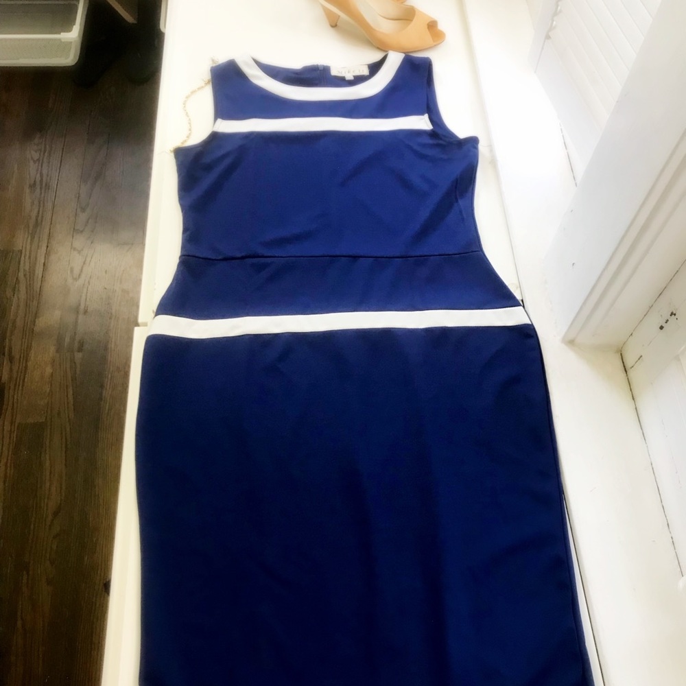 Navy blue and white midi dress